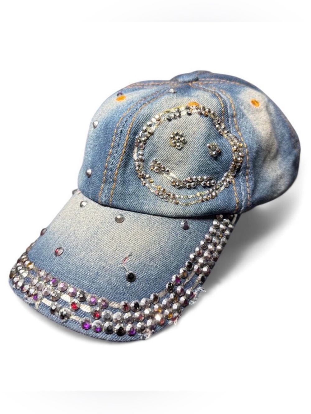 True Gear Y2K Rhinestone Smiley Face Bling Denim Baseball Cap Bedazzled Brim Hat
